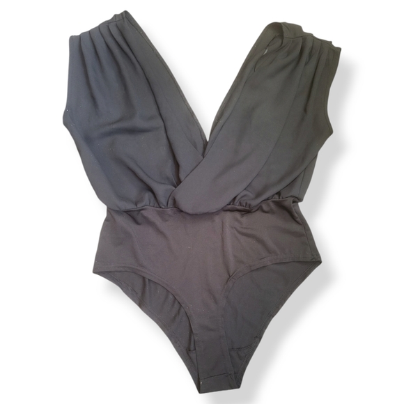 CAMEO ROSE - Black Deep V Ruched Plunging Neck Bodysuit Jumpsuit Sexy Plus Size - Picture 2 of 6